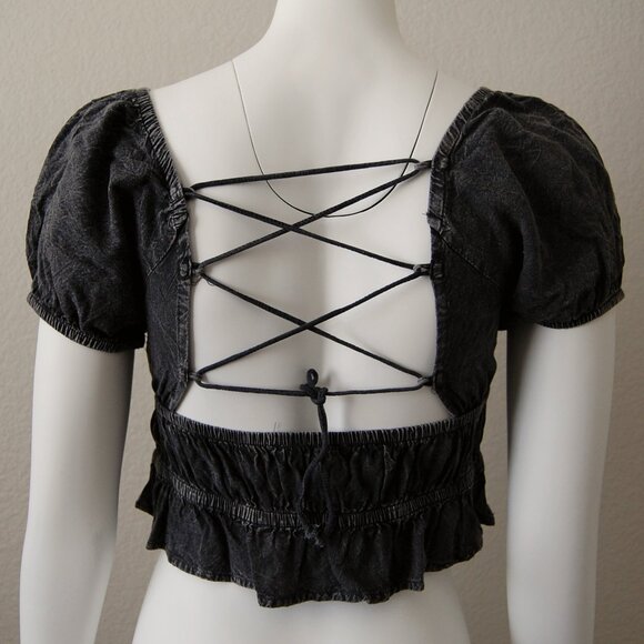 Rebellion Again, Size M, Rayon Crop Top, Strappy Back Off Shoulder, Gray - Picture 5 of 15
